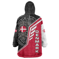 Denmark Flag Wearable Blanket Hoodie with Viking Rune Pattern and Nordic Crest Design - Wonder Print Shop