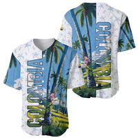 Colombia Palm Tree Landscape Baseball Jersey with Tropical Flowers and Blue Sky Design - Wonder Print Shop