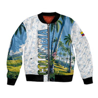 Colombia Palm Tree Landscape Bomber Jacket with Tropical Flowers and Blue Sky Design - Wonder Print Shop