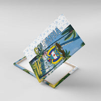 Colombia Palm Tree Landscape Canvas Wall Art with Tropical Flowers and Blue Sky Design - Wonder Print Shop