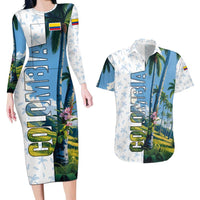 Colombia Palm Tree Landscape Couples Matching Long Sleeve Bodycon Dress and Hawaiian Shirt with Tropical Flowers and Blue Sky Design - Wonder Print Shop