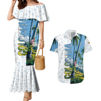 Colombia Palm Tree Landscape Couples Matching Mermaid Dress and Hawaiian Shirt with Tropical Flowers and Blue Sky Design - Wonder Print Shop