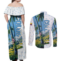 Colombia Palm Tree Landscape Couples Matching Off Shoulder Maxi Dress and Long Sleeve Button Shirt with Tropical Flowers and Blue Sky Design - Wonder Print Shop