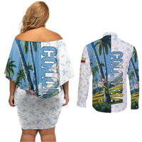Colombia Palm Tree Landscape Couples Matching Off Shoulder Short Dress and Long Sleeve Button Shirt with Tropical Flowers and Blue Sky Design - Wonder Print Shop