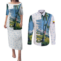 Colombia Palm Tree Landscape Couples Matching Puletasi and Long Sleeve Button Shirt with Tropical Flowers and Blue Sky Design - Wonder Print Shop