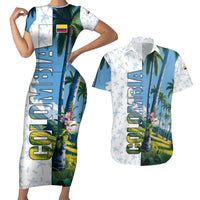 Colombia Palm Tree Landscape Couples Matching Short Sleeve Bodycon Dress and Hawaiian Shirt with Tropical Flowers and Blue Sky Design - Wonder Print Shop