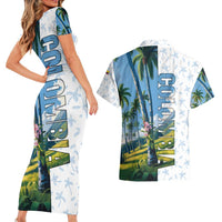 Colombia Palm Tree Landscape Couples Matching Short Sleeve Bodycon Dress and Hawaiian Shirt with Tropical Flowers and Blue Sky Design - Wonder Print Shop