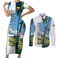 Colombia Palm Tree Landscape Couples Matching Short Sleeve Bodycon Dress and Long Sleeve Button Shirt with Tropical Flowers and Blue Sky Design - Wonder Print Shop