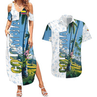 Colombia Palm Tree Landscape Couples Matching Summer Maxi Dress and Hawaiian Shirt with Tropical Flowers and Blue Sky Design - Wonder Print Shop