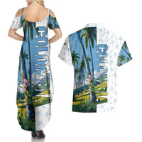 Colombia Palm Tree Landscape Couples Matching Summer Maxi Dress and Hawaiian Shirt with Tropical Flowers and Blue Sky Design - Wonder Print Shop