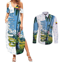 Colombia Palm Tree Landscape Couples Matching Summer Maxi Dress and Long Sleeve Button Shirt with Tropical Flowers and Blue Sky Design - Wonder Print Shop