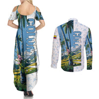 Colombia Palm Tree Landscape Couples Matching Summer Maxi Dress and Long Sleeve Button Shirt with Tropical Flowers and Blue Sky Design - Wonder Print Shop