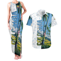 Colombia Palm Tree Landscape Couples Matching Tank Maxi Dress and Hawaiian Shirt with Tropical Flowers and Blue Sky Design - Wonder Print Shop
