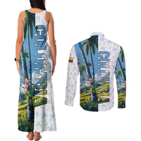 Colombia Palm Tree Landscape Couples Matching Tank Maxi Dress and Long Sleeve Button Shirt with Tropical Flowers and Blue Sky Design - Wonder Print Shop