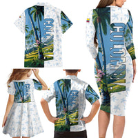 Colombia Palm Tree Landscape Family Matching Long Sleeve Bodycon Dress and Hawaiian Shirt with Tropical Flowers and Blue Sky Design - Wonder Print Shop