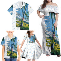 Colombia Palm Tree Landscape Family Matching Off Shoulder Maxi Dress and Hawaiian Shirt with Tropical Flowers and Blue Sky Design - Wonder Print Shop