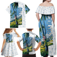 Colombia Palm Tree Landscape Family Matching Off Shoulder Maxi Dress and Hawaiian Shirt with Tropical Flowers and Blue Sky Design - Wonder Print Shop