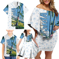 Colombia Palm Tree Landscape Family Matching Off Shoulder Short Dress and Hawaiian Shirt with Tropical Flowers and Blue Sky Design - Wonder Print Shop
