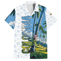 Colombia Palm Tree Landscape Family Matching Off Shoulder Short Dress and Hawaiian Shirt with Tropical Flowers and Blue Sky Design - Wonder Print Shop