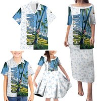Colombia Palm Tree Landscape Family Matching Puletasi and Hawaiian Shirt with Tropical Flowers and Blue Sky Design - Wonder Print Shop