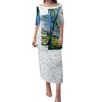 Colombia Palm Tree Landscape Family Matching Puletasi and Hawaiian Shirt with Tropical Flowers and Blue Sky Design - Wonder Print Shop