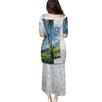 Colombia Palm Tree Landscape Family Matching Puletasi and Hawaiian Shirt with Tropical Flowers and Blue Sky Design - Wonder Print Shop