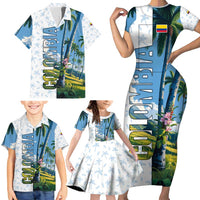 Colombia Palm Tree Landscape Family Matching Short Sleeve Bodycon Dress and Hawaiian Shirt with Tropical Flowers and Blue Sky Design - Wonder Print Shop