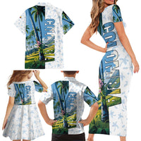 Colombia Palm Tree Landscape Family Matching Short Sleeve Bodycon Dress and Hawaiian Shirt with Tropical Flowers and Blue Sky Design - Wonder Print Shop