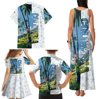 Colombia Palm Tree Landscape Family Matching Tank Maxi Dress and Hawaiian Shirt with Tropical Flowers and Blue Sky Design - Wonder Print Shop