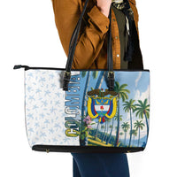 Colombia Palm Tree Landscape Leather Tote Bag with Tropical Flowers and Blue Sky Design - Wonder Print Shop