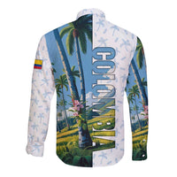 Colombia Palm Tree Landscape Long Sleeve Button Shirt with Tropical Flowers and Blue Sky Design - Wonder Print Shop