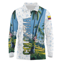 Colombia Palm Tree Landscape Long Sleeve Polo Shirt with Tropical Flowers and Blue Sky Design - Wonder Print Shop