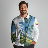 Colombia Palm Tree Landscape Long Sleeve Polo Shirt with Tropical Flowers and Blue Sky Design - Wonder Print Shop