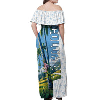 Colombia Palm Tree Landscape Off Shoulder Maxi Dress with Tropical Flowers and Blue Sky Design - Wonder Print Shop