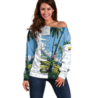 Colombia Palm Tree Landscape Off Shoulder Sweater with Tropical Flowers and Blue Sky Design - Wonder Print Shop