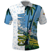 Colombia Palm Tree Landscape Polo Shirt with Tropical Flowers and Blue Sky Design - Wonder Print Shop