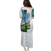 Colombia Palm Tree Landscape Puletasi with Tropical Flowers and Blue Sky Design - Wonder Print Shop