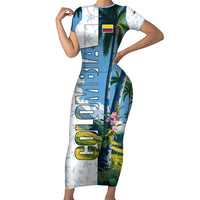 Colombia Palm Tree Landscape Short Sleeve Bodycon Dress with Tropical Flowers and Blue Sky Design - Wonder Print Shop