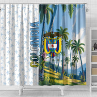 Colombia Palm Tree Landscape Shower Curtain with Tropical Flowers and Blue Sky Design - Wonder Print Shop