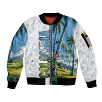 Colombia Palm Tree Landscape Sleeve Zip Bomber Jacket with Tropical Flowers and Blue Sky Design - Wonder Print Shop