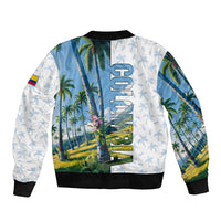 Colombia Palm Tree Landscape Sleeve Zip Bomber Jacket with Tropical Flowers and Blue Sky Design - Wonder Print Shop