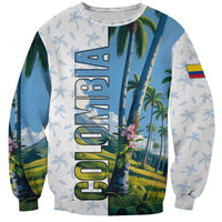 Colombia Palm Tree Landscape Sweatshirt with Tropical Flowers and Blue Sky Design - Wonder Print Shop