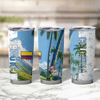 Colombia Palm Tree Landscape Tumbler Cup with Tropical Flowers and Blue Sky Design - Wonder Print Shop