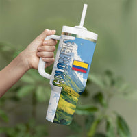 Colombia Palm Tree Landscape Tumbler With Handle with Tropical Flowers and Blue Sky Design - Wonder Print Shop