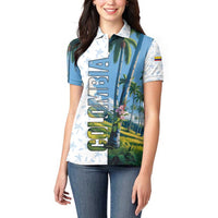 Colombia Palm Tree Landscape Women Polo Shirt with Tropical Flowers and Blue Sky Design - Wonder Print Shop