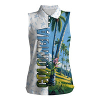 Colombia Palm Tree Landscape Women Sleeveless Polo Shirt with Tropical Flowers and Blue Sky Design - Wonder Print Shop