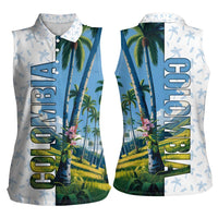 Colombia Palm Tree Landscape Women Sleeveless Polo Shirt with Tropical Flowers and Blue Sky Design - Wonder Print Shop