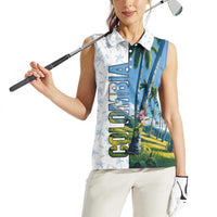 Colombia Palm Tree Landscape Women Sleeveless Polo Shirt with Tropical Flowers and Blue Sky Design - Wonder Print Shop