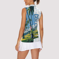 Colombia Palm Tree Landscape Women Sleeveless Polo Shirt with Tropical Flowers and Blue Sky Design - Wonder Print Shop