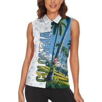 Colombia Palm Tree Landscape Women Sleeveless Polo Shirt with Tropical Flowers and Blue Sky Design - Wonder Print Shop